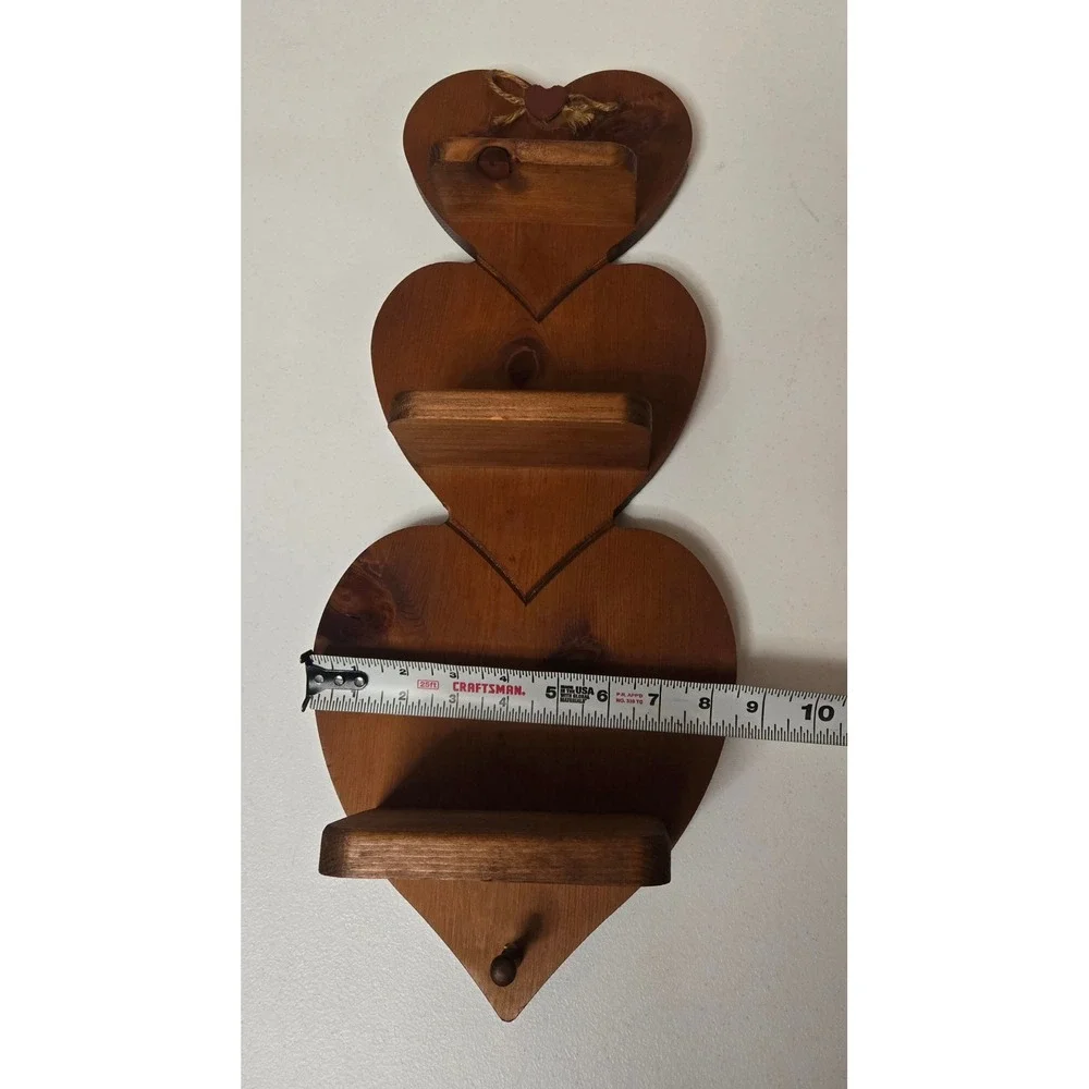 Vintage 3 Tier Wooden Heart Wall Shelf Rustic Cottagecore Farmhouse 20in Peg